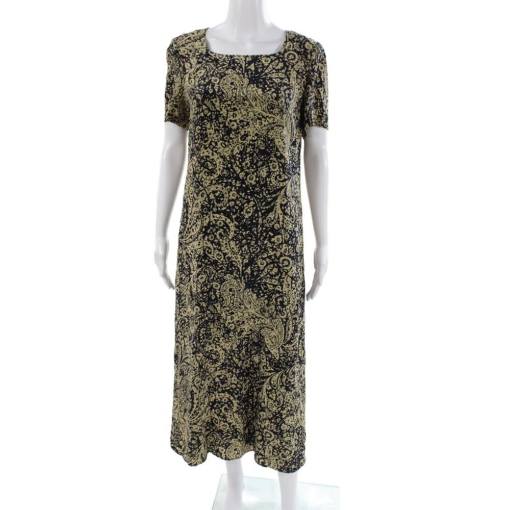 Jaeger Womens Silk Paisley Shift Dress Square Neck Mid Calf ShortSleeve Size 10